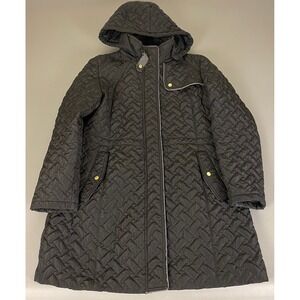 Cole Haan Quilted Puffer Coat Women's XL Black Gold Button‎ Trim Hooded Jacket